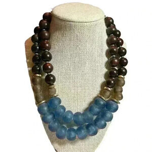 Chunky boho rustic glass & wood bead hand knotted 2-strand necklace